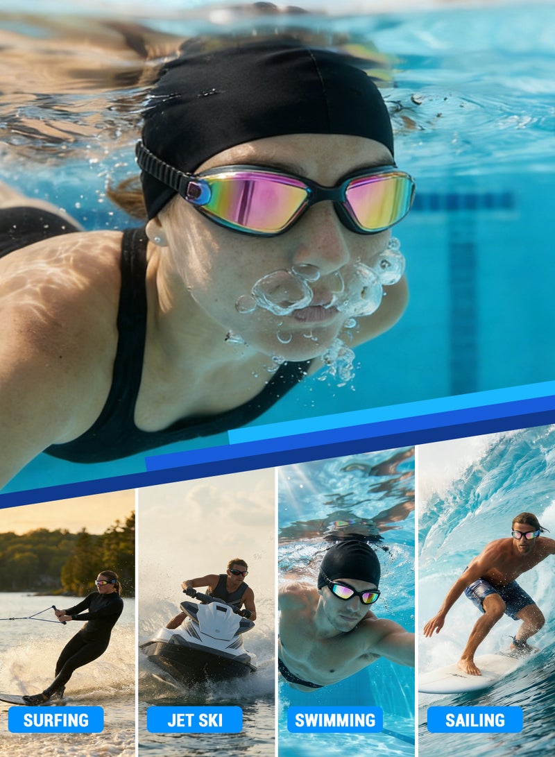 Axpeih 5-in-1 Anti-Fog Pro Swim Goggles Set for Adults with Silicone Swim Cap, Anti-Fog UV Protection, Clear Vision, 180° Panoramic, Durable PC Material - Waterproof Swimming Accessories Kit with Carry Case, Nose Clip, & Earplugs (Black Purple) - Image 2